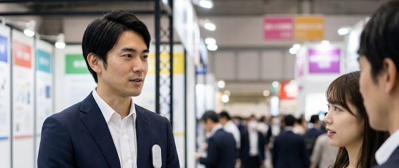 展示会の会場で、胸元に録音デバイスを装着して来場者と商談する営業担当者