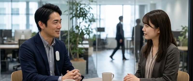 オフィスの打ち合わせスペースで1on1ミーティングを行う2人のビジネスパーソン