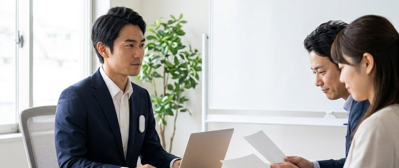 会議室でノートパソコンを開き、取引先2名に提案する法人営業担当者