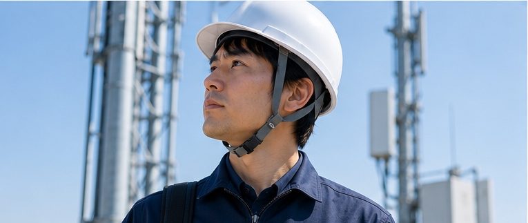 通信鉄塔のある屋外現場で、ヘルメットを着用して点検を行う技術者