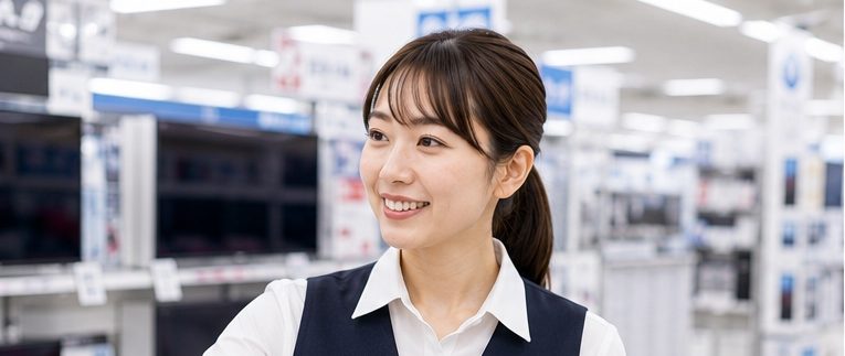 家電量販店の売り場で、お客様に商品を案内する販売スタッフ